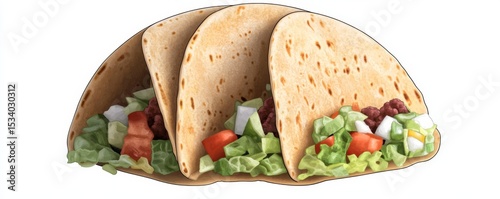 Three Delicious Tacos with Meat and Veggies, Food , Mexican cuisine