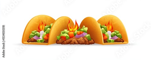 Three Fiery Tacos with Meat, Lettuce and Onions on White Background, MexicanFood , CartoonFood