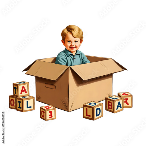 Young boy smiling playfully in cardboard box with colorful wooden blocks around him