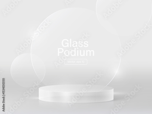 3D glass transparent crystal. Empty cylindrical pedestal. 3D cylinder and cube glass platforms set background. Vector realistic illustration of transparent plastic round and square p