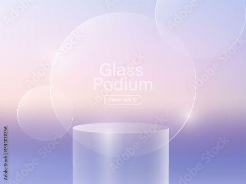 3D glass transparent crystal. Empty cylindrical pedestal. 3D cylinder and cube glass platforms set background. Vector realistic illustration of transparent plastic round and square p