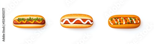 Three Hot Dogs on White, Fast Food , Lunch
