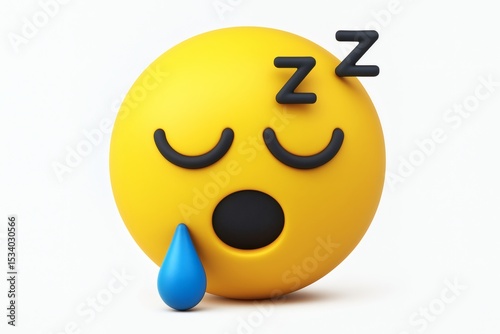 Yellow Emoji with Sleepy Expression and Blue Droplet on White Background Expressing Tiredness and Exhaustion in a Playful Style
