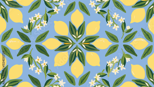 A seamless pattern featuring lemons leaves and white flowers on a light blue background design repeat art