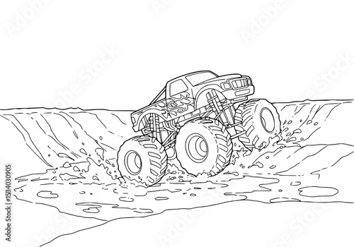 Simple cartoon in black and white. Monsterjam car jumping on dirt track. ideal for children's coloring books.