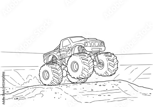 Simple cartoon in black and white. Monsterjam car jumping on dirt track. ideal for children's coloring books.