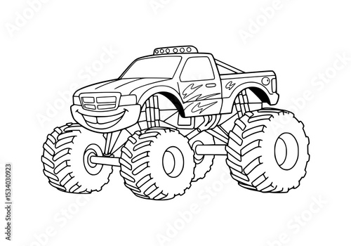 Simple cartoon in black and white. Monsterjam car jumping on dirt track. ideal for children's coloring books.