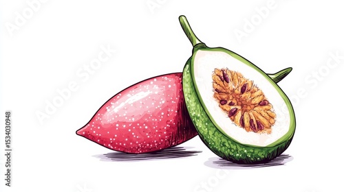 Tropical Grenadilla Fruit Illustration, Exotic Fruit , Food Art