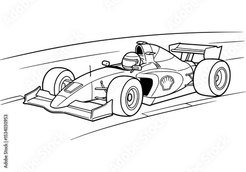 formula one car race on track. coloring book. illustration. drawing. black and white.