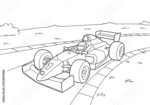 formula one car race on track. coloring book. illustration. drawing. black and white.