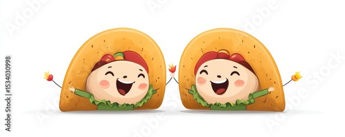 Two Cartoon Tacos with Smiling Faces, food