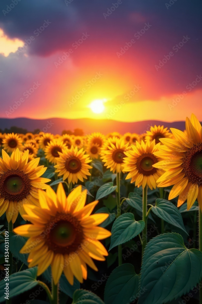 Fototapeta premium Majestic sunflowers facing the rising sun, vibrant colors , vibrant, floral