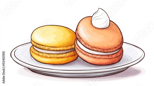 Two Colorful Macarons on Plate Yellow and Peach, Food,Dessert