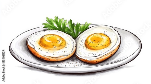 Two Eggs on a Plate, Watercolor Style with Parsley Garnish, food art , breakfast ideas