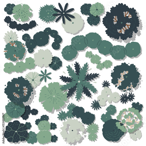 hand drawn cute cartoon vector illustration set top view of tree landscape isolated on white background.