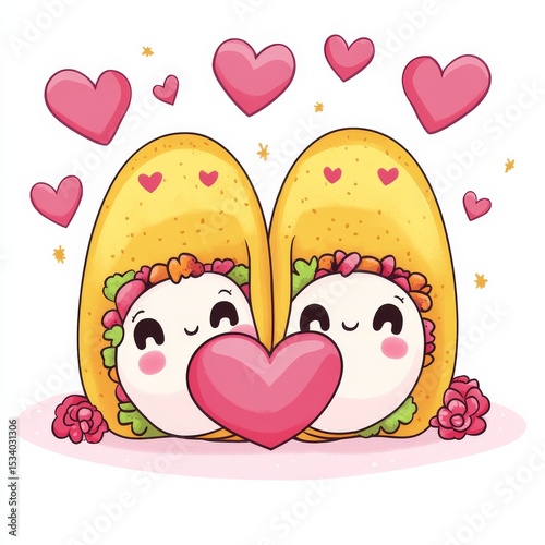 Two Smiling Taco Characters Sharing a Heart, food ,kawaii