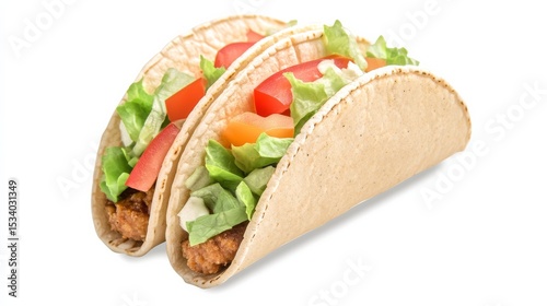 Two Soft Shell Tacos with Chicken, Lettuce and Tomato on White, Taco , Fast Food