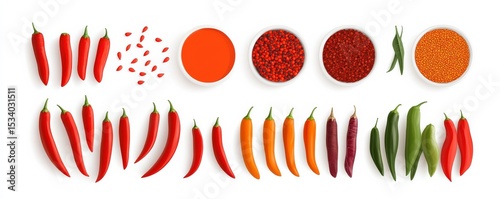 Various Chili Peppers, Seeds and powder Arrangement on White, Spices , Peppers