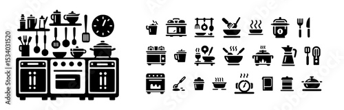 Set of black and white kitchen icons including furniture, appliances, dishes, and cutlery; minimalist home interior cooking and dining elements, modern kitchen tools collection
