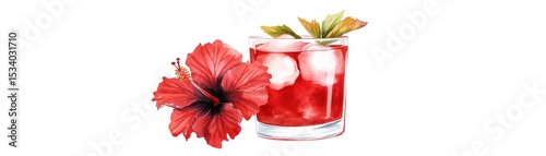 Watercolor Hibiscus Cocktail Red Drink with Ice and Floral Decor, tropical , beverage