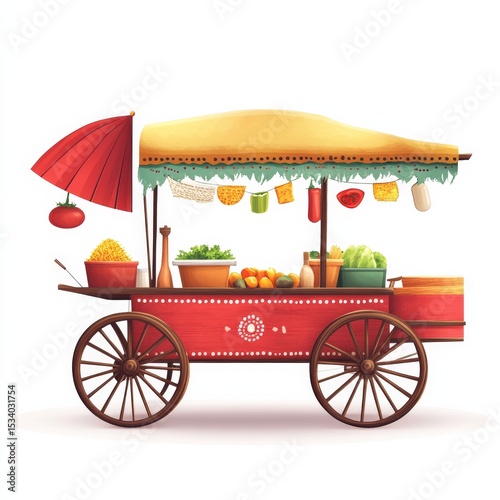 Watercolor Illustration of a Fruit and Veggie Cart with Red Umbrella,Market ,Food Cart