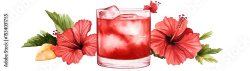 Watercolor Hibiscus Cocktail, tropical , drink