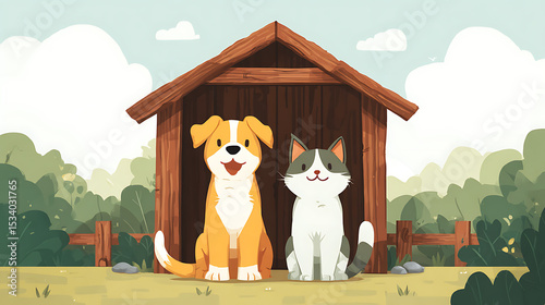 A cheerful dog and cat sitting together outside a wooden doghouse in a lush green park