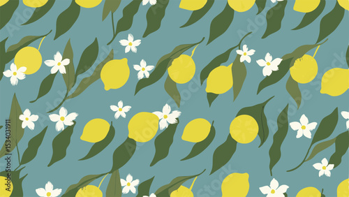 A repeating pattern of lemons with leaves and white flowers on a blue background design element