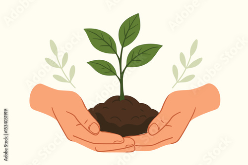 Hands nurturing a young plant seedling in soil. Growth and development concept. Environmental conservation, ecology, and sustainability. Agriculture, gardening, and new life symbol.