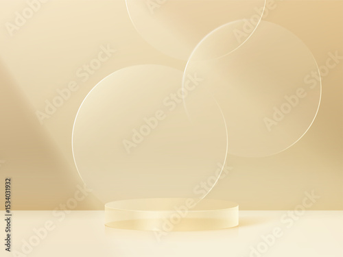 3D glass transparent crystal. Empty cylindrical pedestal. 3D cylinder and cube glass platforms set background. Vector realistic illustration of transparent plastic round and square p
