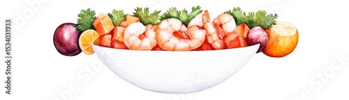 Watercolor Shrimp Bowl with Mango, Plum and Cilantro, food art, seafood illustration