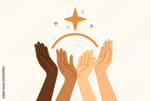 Diverse multiracial hands together in unity. Concept of community, racial equality, and teamwork. Charity, volunteer, and social support vector illustration with a hope star.