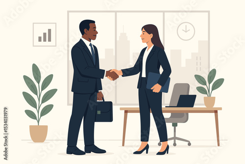 Business people shaking hands. Diverse partners making a deal in office. Black man and woman sealing a contract. Vector concept of partnership, agreement, teamwork, success.