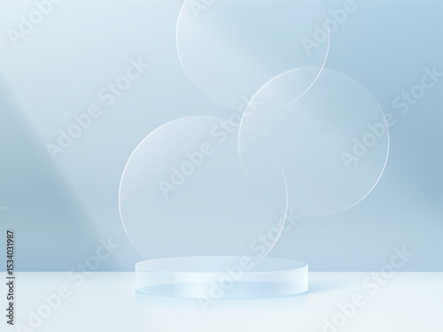 3D glass transparent crystal. Empty cylindrical pedestal. 3D cylinder and cube glass platforms set background. Vector realistic illustration of transparent plastic round and square p