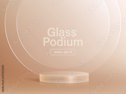 3D glass transparent crystal. Empty cylindrical pedestal. 3D cylinder and cube glass platforms set background. Vector realistic illustration of transparent plastic round and square p