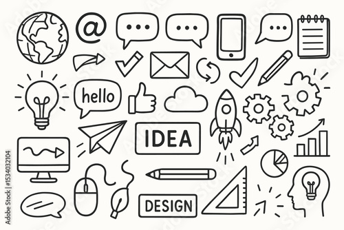 Hand drawn doodle icon set. Collection of business, marketing and technology sketch symbols. Creative idea, innovation and communication elements. Startup, design and strategy icons.