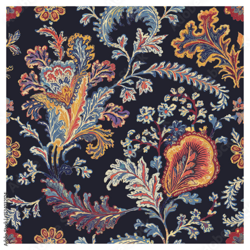 Jacobean floral seamless pattern with richly detailed vintage botanical motifs in red, blue, and gold on a navy background. Ideal for printing on home textiles, cushions, drapery, fashion garments, an