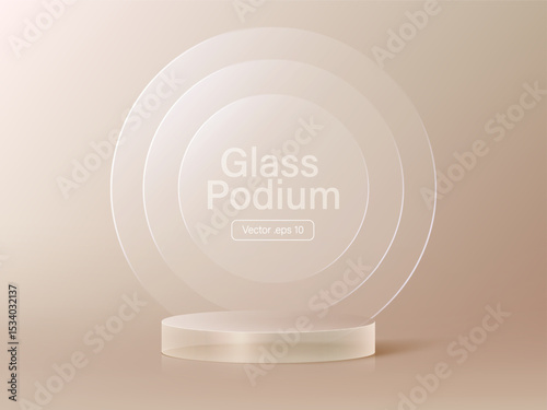 3D glass transparent crystal. Empty cylindrical pedestal. 3D cylinder and cube glass platforms set background. Vector realistic illustration of transparent plastic round and square p
