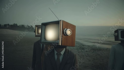 Surreal figures with television heads walking along a deserted beach at dusk, creating an eerie and thought-provoking atmosphere