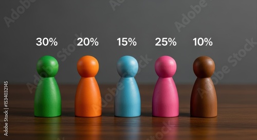 Colorful wooden figures with percentages representing data and demographic distribution