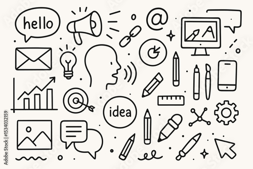 Hand drawn doodle icon set. Business and marketing concept elements. Creative idea, strategy, communication, and social media symbols. Line art vector illustration collection.