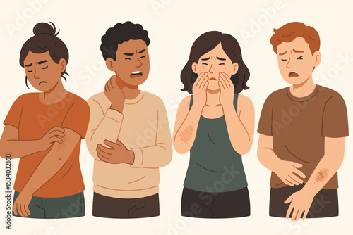 Diverse group of people suffering from itchy skin problems. Men and women scratching rash, allergy symptoms. Vector concept for dermatology, eczema, psoriasis, dermatitis, skin disease.