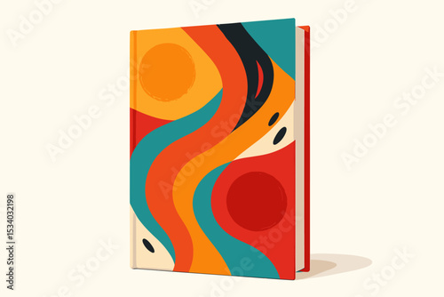 Modern book cover design mockup with abstract art. Colorful retro 70s style illustration for a novel or diary. Hardcover book template for publishing, education or literature concepts.