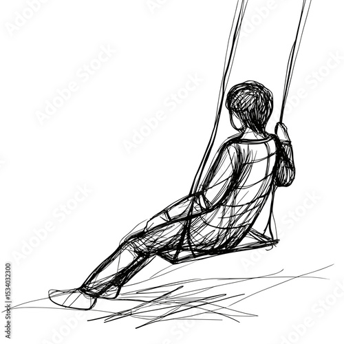 Young boy sitting on a swing in a minimalist sketch style  