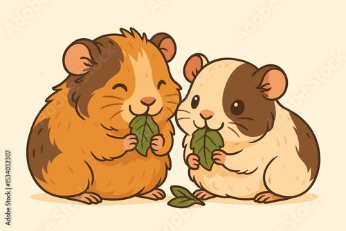 Cute guinea pig pair eating leaves. Cartoon vector illustration of two happy pet rodents sharing food. Adorable animal friends character design for kids. Kawaii cavy couple.