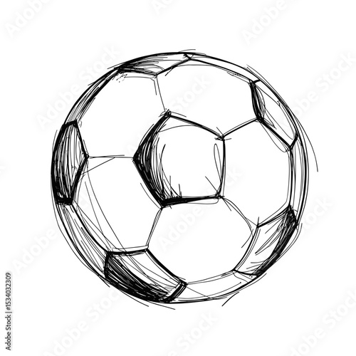 Hand-drawn soccer ball in black and white sketch style  