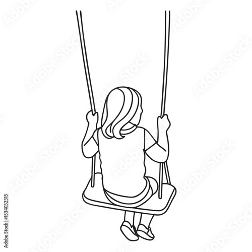 Young girl swinging on a swing set in a simple line drawing  