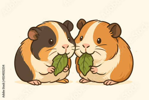 Two cute guinea pigs eating leaves together. Adorable cartoon illustration of a friendly rodent couple sharing food. Kawaii pet animal vector for vet clinic or pet shop branding.
