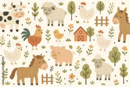 Scandinavian style farm animals seamless pattern. Cute cartoon vector background with cow, pig, horse, sheep. Children's nursery illustration for fabric, wallpaper, textile.