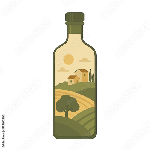 Olive oil bottle featuring countryside landscape illustration  